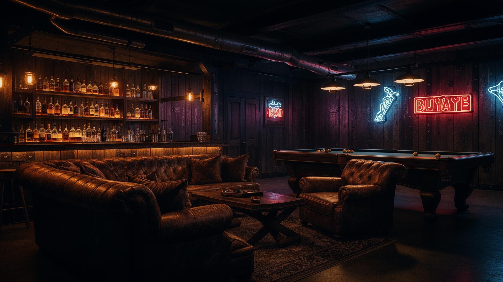 Dark moody man cave interior with warm amber lighting